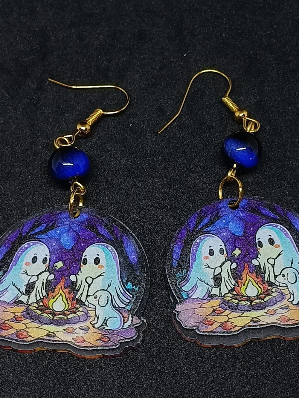 Gold-Tone Ghost Campfire Dangle Earrings in Blue and Purple